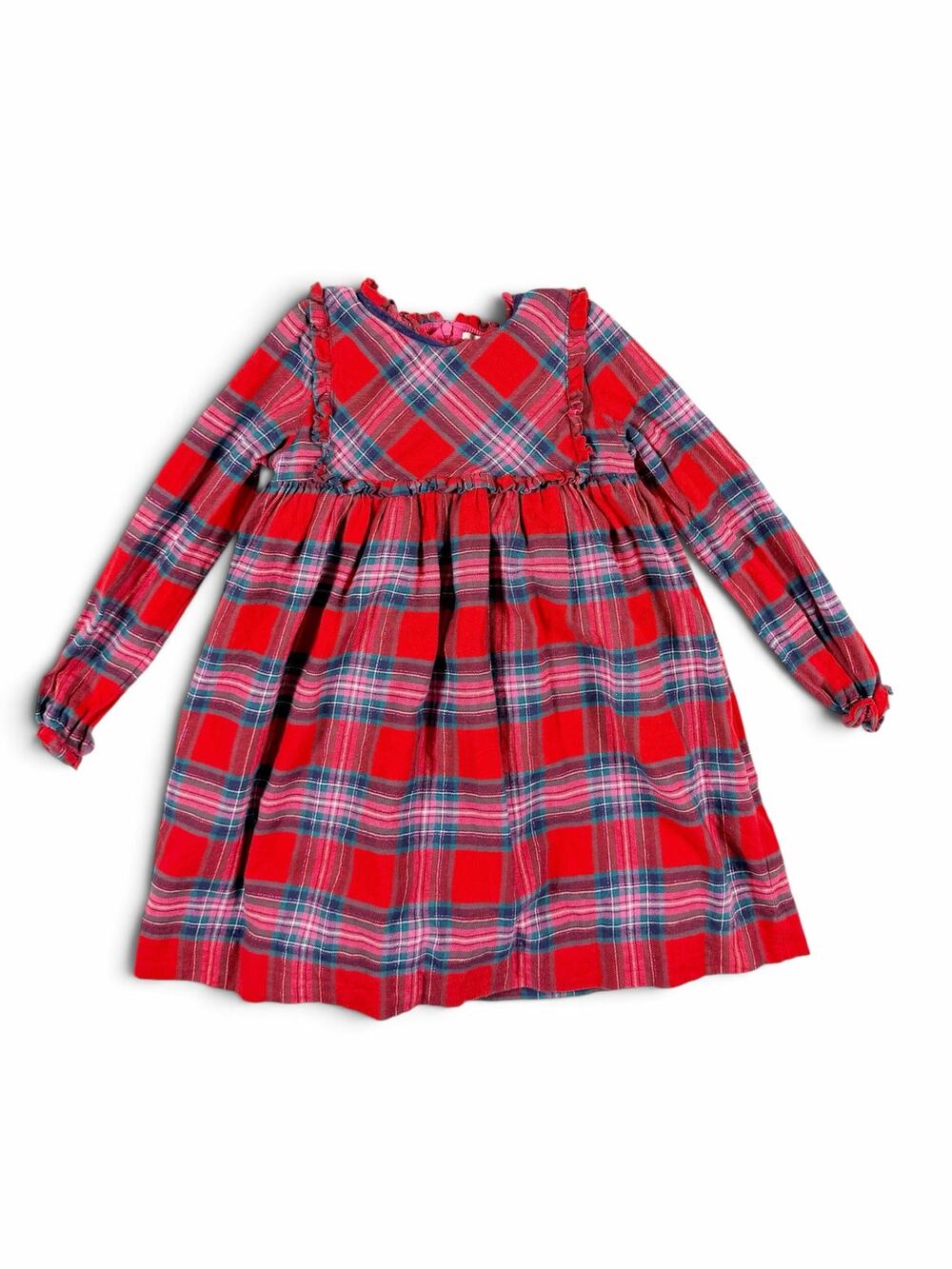 Mini Boden Girls Red Tartan Plaid Flannel Ruffle Dress 9-10 Holiday